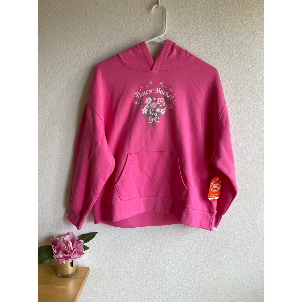 Wonder Nation Girls Pink Flower Market Fleece Hoodie Sweatshirt Plus XL 14-16